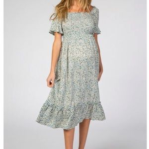 Light Blue Floral Ruffle Maternity Midi Dress